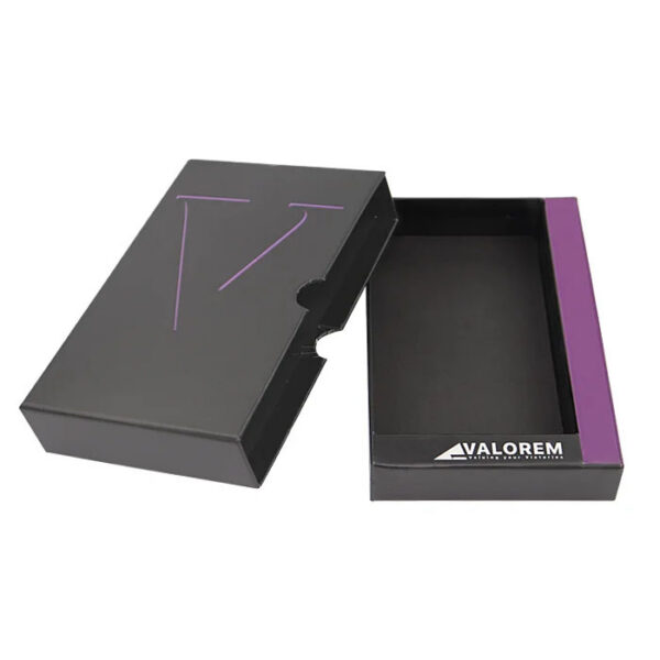 Matte Black Drawer Rigid Box with Purple Logo Thumb Notch Matte Black Drawer Rigid Box with Purple Logo Thumb Notch