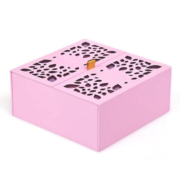 Pink Double Door Rigid Gift Box with Laser-Cut Leaf Lids