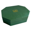 Green rigid perfume presentation box with hinged lid and insert