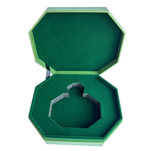 Open geschenkdoos voor parfum met groene, met vlies beklede fleshouder