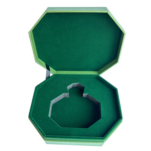 Open geschenkdoos voor parfum met groene, met vlies beklede fleshouder